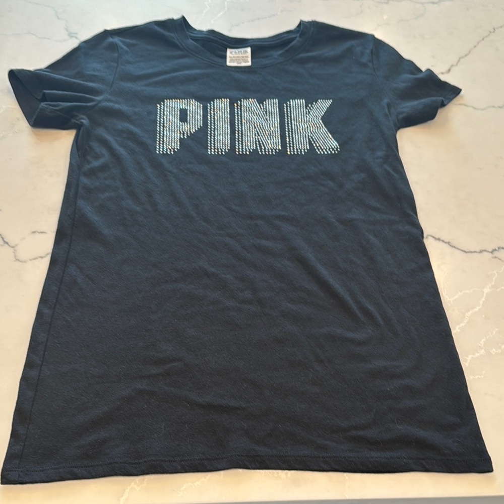 Victoria’s Secret Pink Black T-Shirt with Pink Rhinestones Logo, Size XS, EUC!